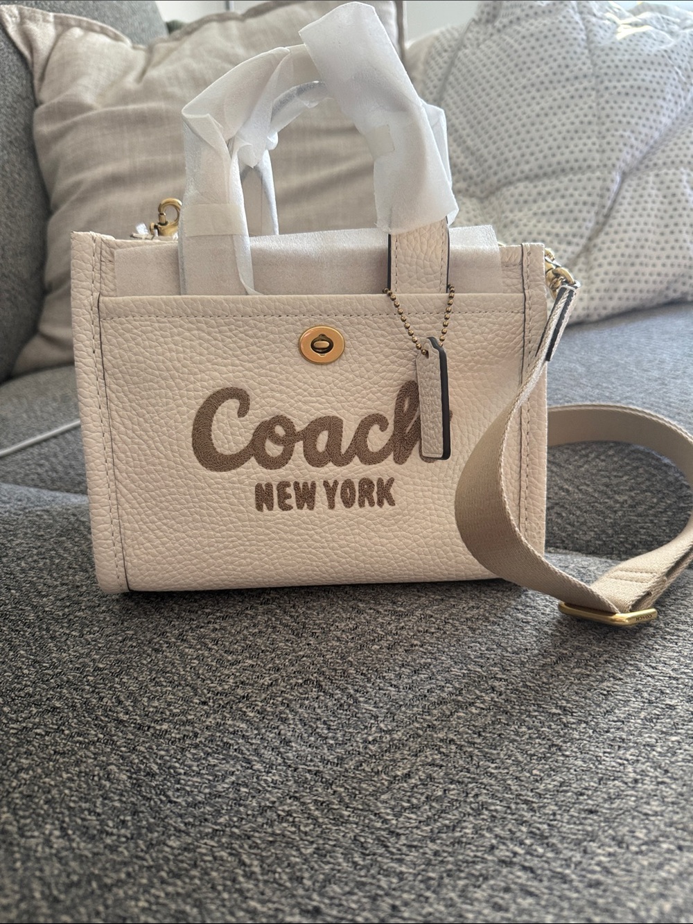 Coach Chalk and Beige Mini Pebbled Leather Tote